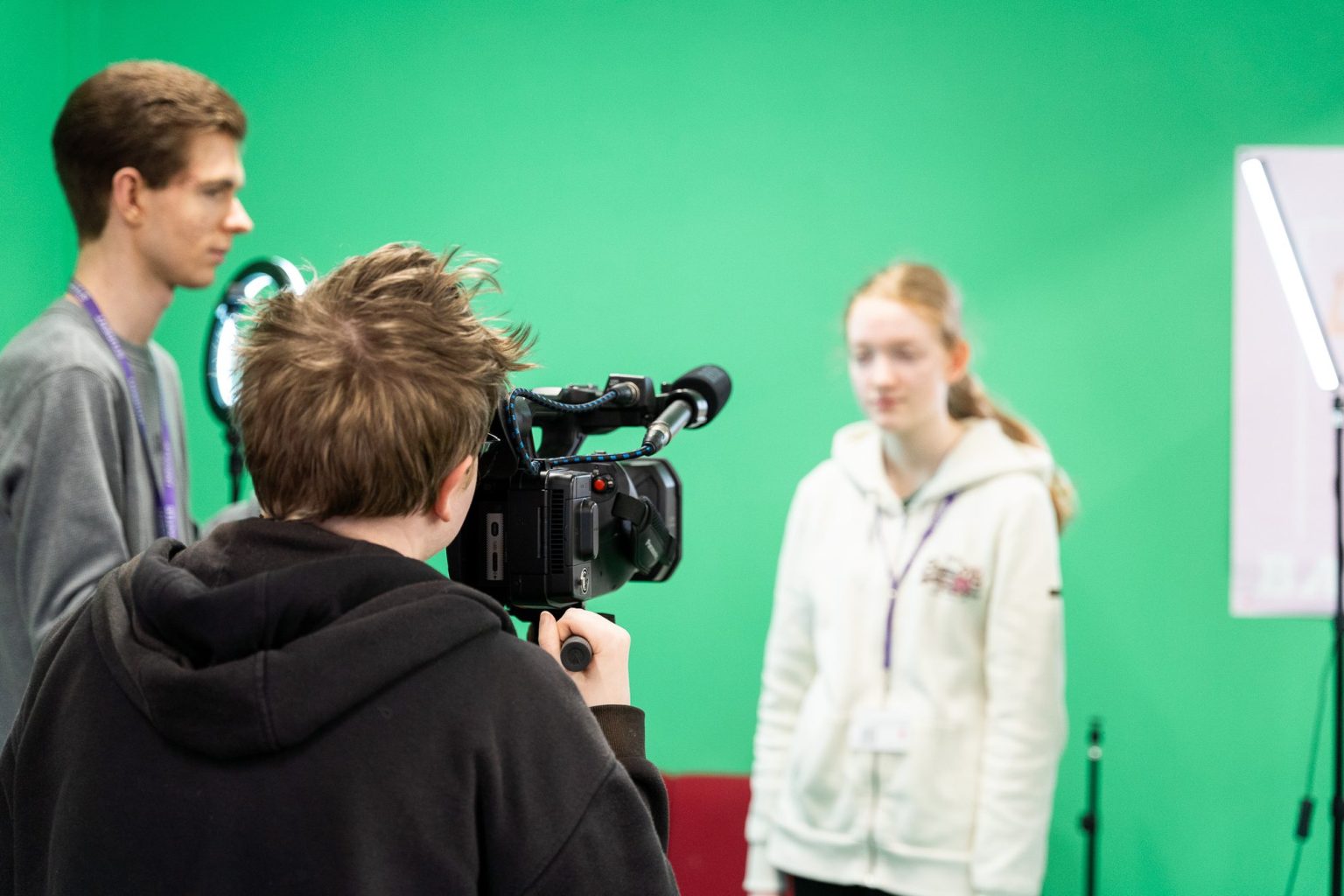 Media students filming against a green screen at Stockton Sixth Form College
